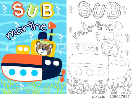 vector cartoon of cute bear on submarine, coloring book or page vector cartoon of cute bear on submarine, coloring book or page 139037997