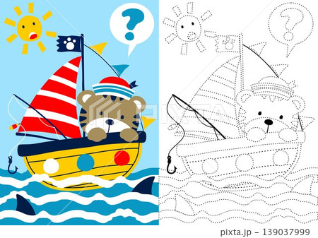 vector cartoon of cat on sailboat under shark attack, coloring book or page vector cartoon of cat on sailboat under shark attack, coloring book or page 139037999