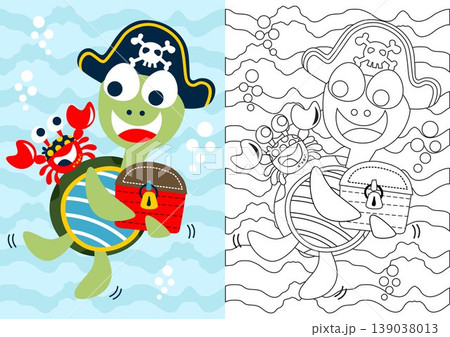 vector cartoon of crab with turtle wearing pirates cap holding treasure chest, coloring book or page 139038013