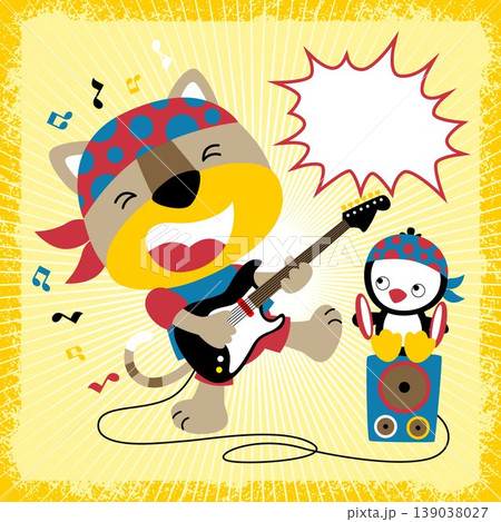 vector cartoon of funny cat with penguin in music concert vector cartoon of funny cat with penguin in music concert 139038027