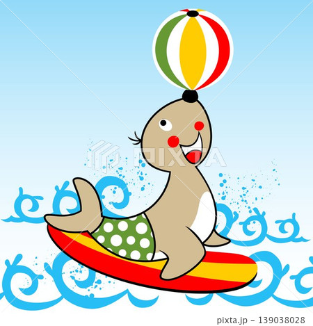 vector cartoon of seals playing ball on surfboard in the beach vector cartoon of seals playing ball on surfboard in the beach 139038028