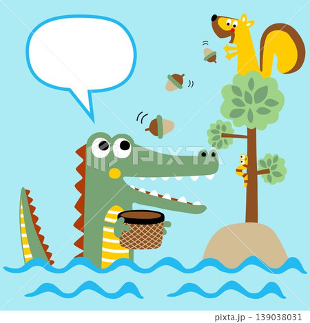 vector cartoon of squirrels on tree give oak nuts to crocodile in water 139038031