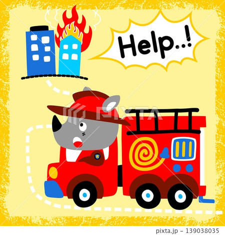 vector cartoon of cute rhino on firetruck with burning buildings 139038035