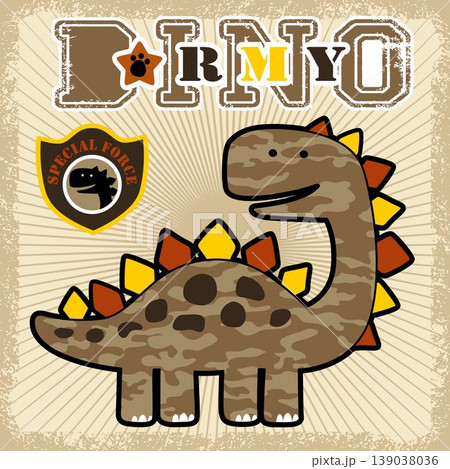 vector cartoon of camouflage dinosaur army with military element on grunge frame border vector cartoon of camouflage dinosaur army with military element on grunge frame border 139038036
