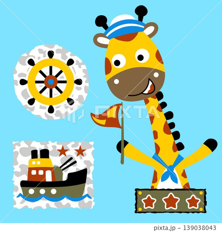 vector cartoon of giraffe in sailor costume with warship and steering wheel 139038043