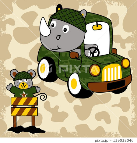 vector cartoon of rhinoceros driving military vehicle with a little mouse in military barrier vector cartoon of rhinoceros driving military vehicle with a little mouse in military barrier 139038046