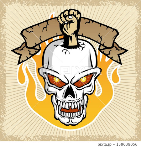 vector illustration of skull and fist with flame on grunge frame border vector illustration of skull and fist with flame on grunge frame border 139038056