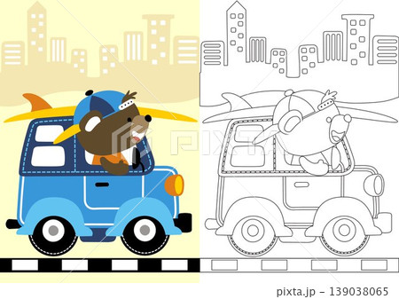 vector cartoon of cute bear driving car loading surfboard on buildings background, coloring book or page vector cartoon of cute bear driving car loading surfboard on buildings background, coloring book or page 139038065