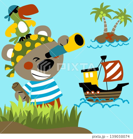 Vector cartoon of cute bear in pirate costume with parrot, sailboat in the sea. Pirate element illustration Vector cartoon of cute bear in pirate costume with parrot, sailboat in the sea. Pirate element illustration 139038074