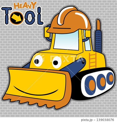 vector cartoon of funny bulldozer wearing helmet worker on bricks background 139038076