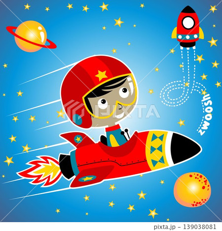 vector cartoon of little boy ride on rocket going to space, space elements illustration vector cartoon of little boy ride on rocket going to space, space elements illustration 139038081