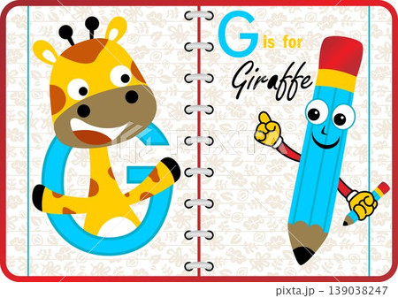 Cute giraffe with funny pencil on note book background, vector cartoon illustration 139038247