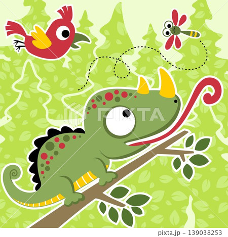 Funny chameleon on tree branches with dragonfly and bird on pine trees background, vector cartoon illustration 139038253