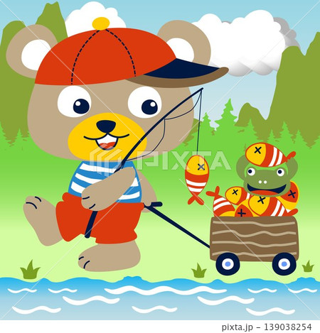 Little bear pulling fishes and frog on cart, back from fishing in river, vector cartoon illustration 139038254