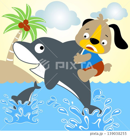 Little puppy ride on dolphin in the beach, vector cartoon illustration Little puppy ride on dolphin in the beach, vector cartoon illustration 139038255