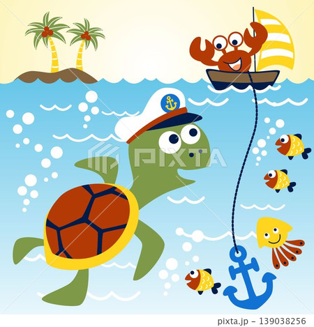 Marine animals cartoon, turtle wearing sailor cap, funny crab on sailboat, vector cartoon illustration 139038256
