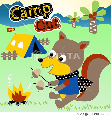 Funny fox roasting hazelnut in camping ground , vector cartoon illustration Funny fox roasting hazelnut in camping ground , vector cartoon illustration 139038257