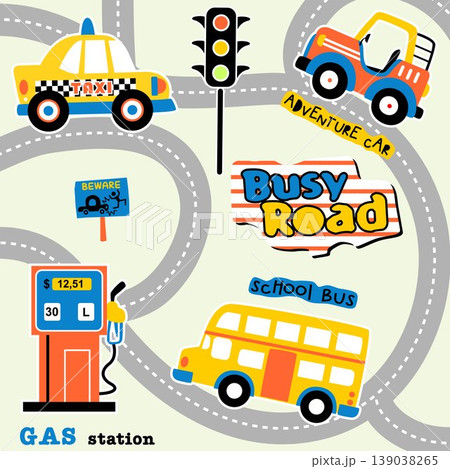 Cartoon vehicles in the road, traffic elements, vector cartoon illustration Cartoon vehicles in the road, traffic elements, vector cartoon illustration 139038265
