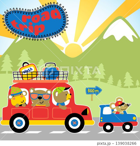 Funny animals on car, road trip vacation, mountain scene on sunrise background, vector cartoon illustration Funny animals on car, road trip vacation, mountain scene on sunrise background, vector cartoon illustration 139038266