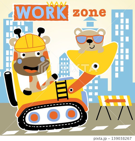Cute bear with giraffe on construction vehicle on buildings background, vector cartoon illustration Cute bear with giraffe on construction vehicle on buildings background, vector cartoon illustration 139038267