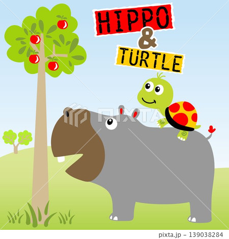 Cute turtle ride on hippo's back, fruit tree, vector cartoon illustration 139038284