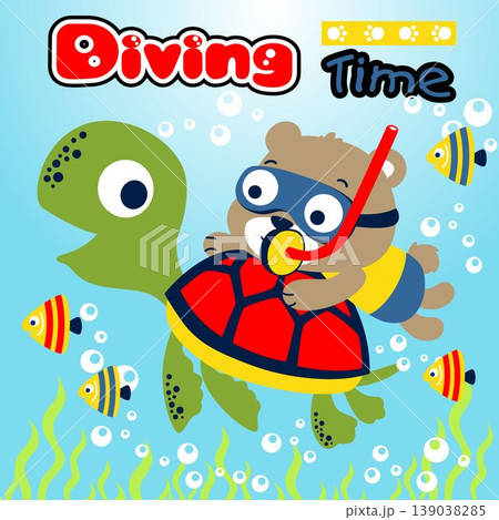 Cute bear diving with turtle and fishes, vector cartoon illustration 139038285