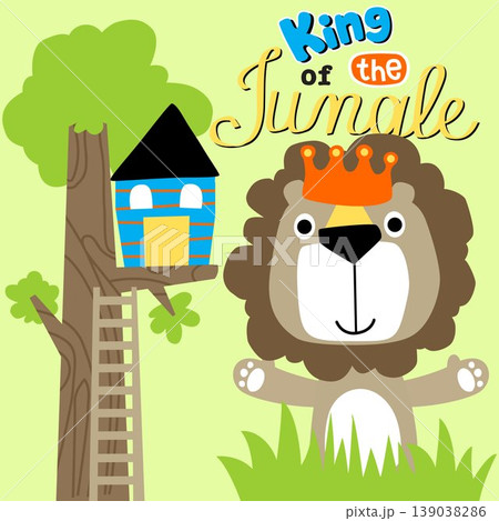 Funny lion wearing crown, tree house with ladder, vector cartoon illustration Funny lion wearing crown, tree house with ladder, vector cartoon illustration 139038286