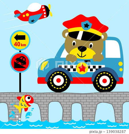 Funny bear police car with road sign on bridge, airplane take off, little fish jump out from water, vector cartoon illustration Funny bear police car with road sign on bridge, airplane take off, little fish jump out from water, vector cartoon illustration 139038287