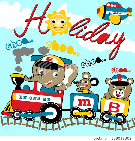 Funny animals on steam train with smiling sun, airplane flying on clouds background, vector cartoon illustration Funny animals on steam train with smiling sun, airplane flying on clouds background, vector cartoon illustration 139038302