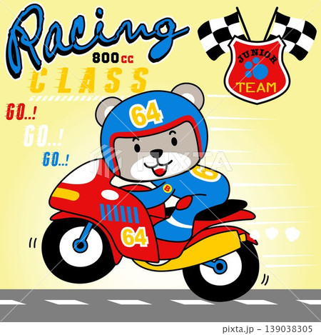 Cute bear riding racing bike, vector cartoon illustration Cute bear riding racing bike, vector cartoon illustration 139038305