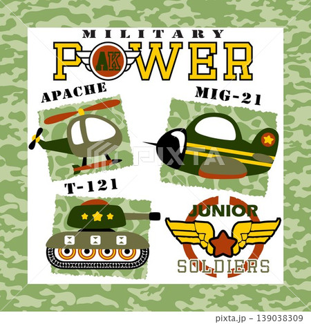 Set of armored vehicle with military element on camouflage frame border, vector cartoon illustration 139038309