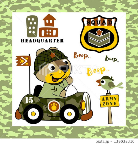 Cute cat driving military vehicle with little bird on camouflage frame border, vector cartoon illustration 139038310