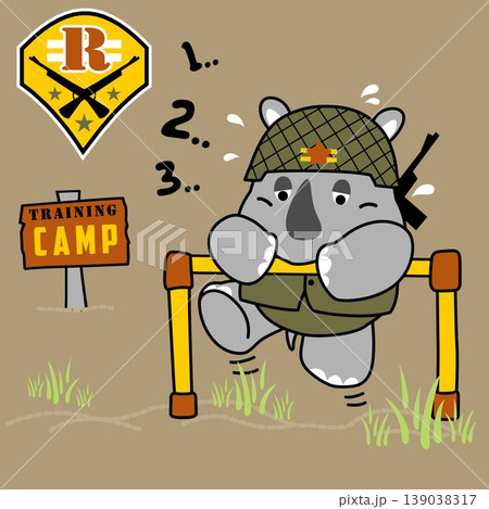 Cute rhinoceros in military training camp, vector cartoon illustration Cute rhinoceros in military training camp, vector cartoon illustration 139038317