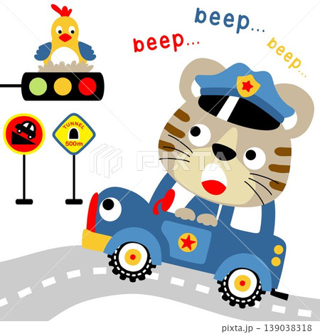 Funny cat on police car, bird laying egg on stoplight, traffic elements, vector cartoon illustration 139038318
