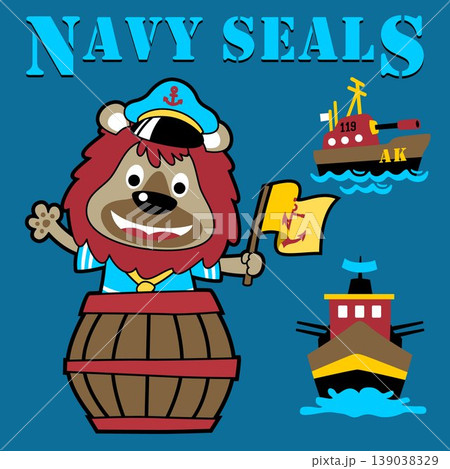 cute lion in sailor uniform on wooden barrel with warship, vector cartoon illustration cute lion in sailor uniform on wooden barrel with warship, vector cartoon illustration 139038329