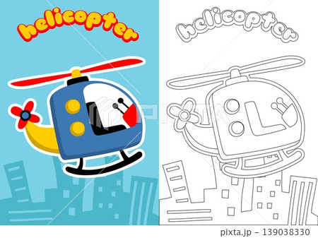 coloring page with helicopter on buildings background, vector cartoon illustration 139038330