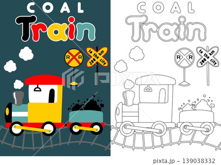 coloring book of page, steam train with railway signs, vector cartoon illustration coloring book of page, steam train with railway signs, vector cartoon illustration 139038332