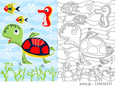 coloring book with marine animals, turtle with fishes and seahorse, vector cartoon illustration coloring book with marine animals, turtle with fishes and seahorse, vector cartoon illustration 139038337