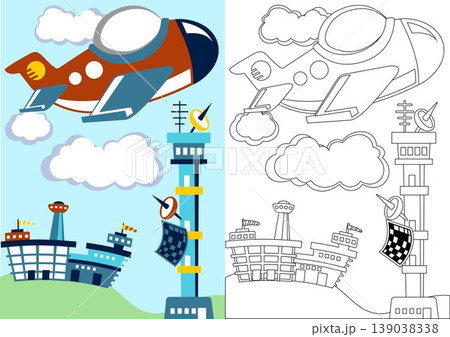 vector cartoon of airplane flying across airport, coloring page or book vector cartoon of airplane flying across airport, coloring page or book 139038338
