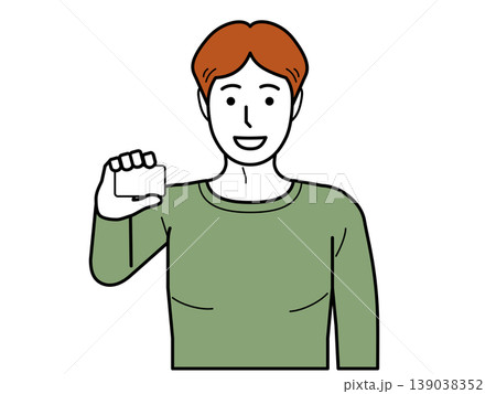 正面向き。カードを持つTシャツの若い男性。その2 139038352