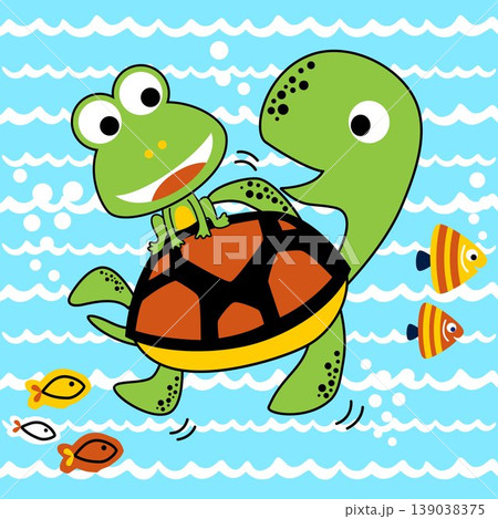 Funny marine animals, frog riding on turtle's back, vector cartoon illustration 139038375