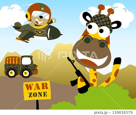Little bear on fighter jet, cute giraffe with gun hiding in bush, military truck, vector cartoon illustration 139038379