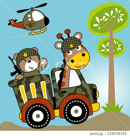 Cute bear and giraffe wearing military helmet on camouflage truck, military helicopter, vector cartoon illustration Cute bear and giraffe wearing military helmet on camouflage truck, military helicopter, vector cartoon illustration 139038383