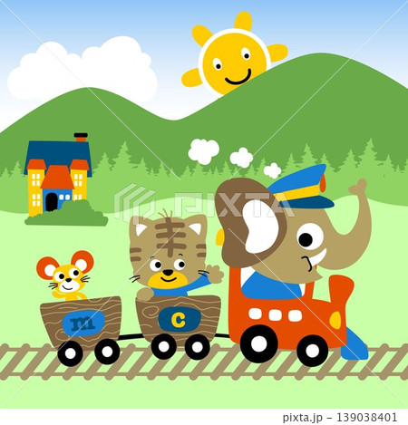 Cute animals on steam train, rural scenery background, vector cartoon illustration 139038401