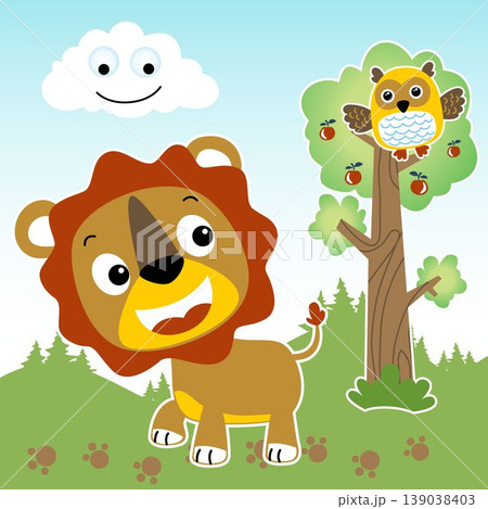 Cute lion and owl in the forest with smiling sun, vector cartoon illustration 139038403
