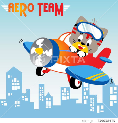 Funny kitten on airplane with buildings background, vector cartoon illustration Funny kitten on airplane with buildings background, vector cartoon illustration 139038413