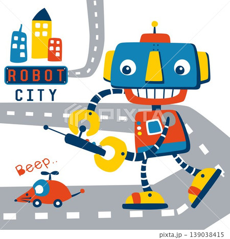 Funny robot operating remote control, vector cartoon illustration Funny robot operating remote control, vector cartoon illustration 139038415