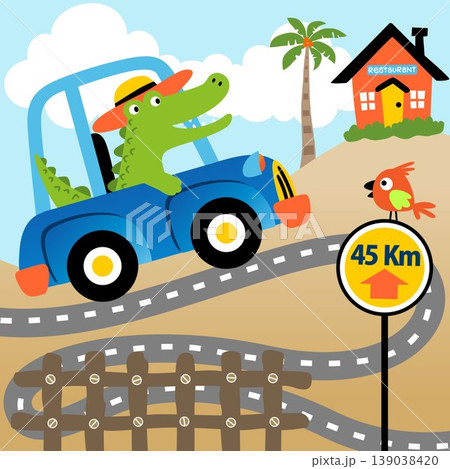 Cute crocodile driving car on rural scene background, little bird perching on road sign, vector cartoon illustration Cute crocodile driving car on rural scene background, little bird perching on road sign, vector cartoon illustration 139038420