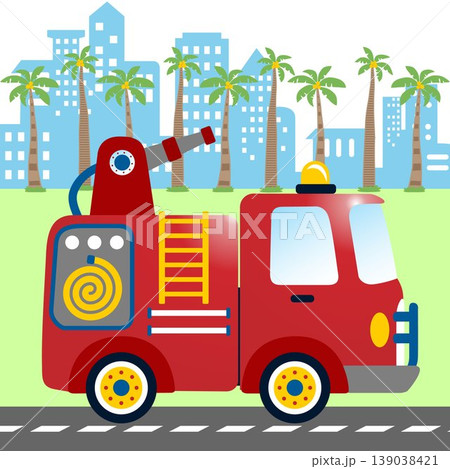Firetruck with palm tree on buildings background, T-shirt design for kids, vector cartoon illustration Firetruck with palm tree on buildings background, T-shirt design for kids, vector cartoon illustration 139038421