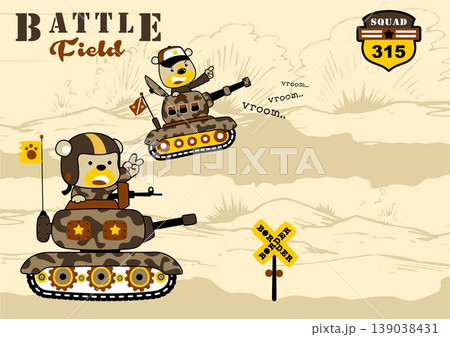 Funny bear on armored vehicle in battlefield, military logo, vector cartoon illustration 139038431